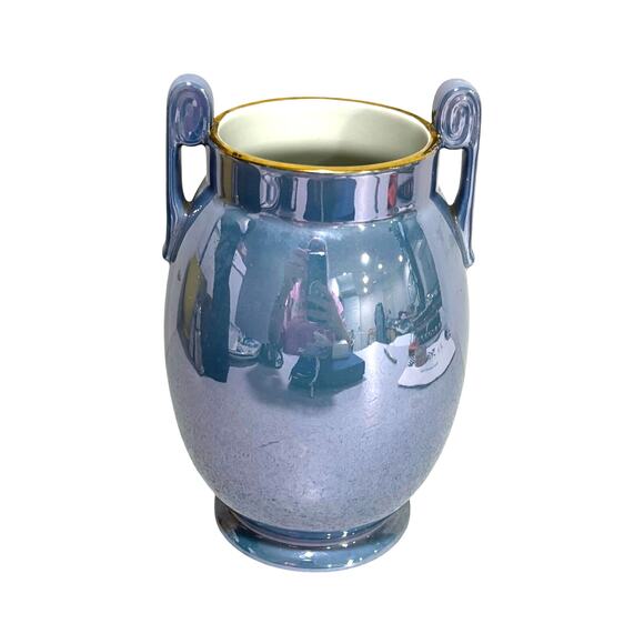 Vintage Japan Vase blue lustre ware urn shape side handles floral decorative - Picture 4 of 9